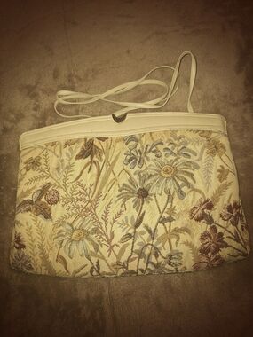 Cream Floral Tapestry Crossbody Bag with Leather Trim